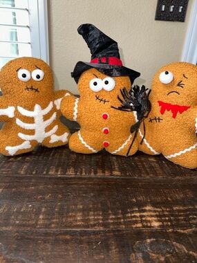 Halloween Gingerbread Plush Trio - Orange with Black & White Accents